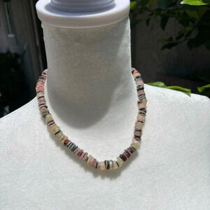 Stacked Stone Choker Necklace 15" Strand Pink Grey Green Brown White Stones